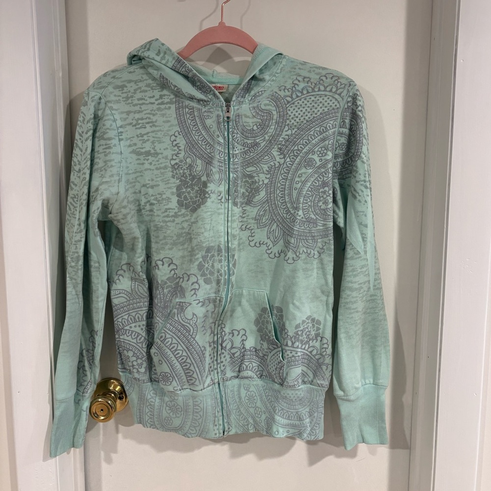 Teal green zip up hoodies with gray design Large